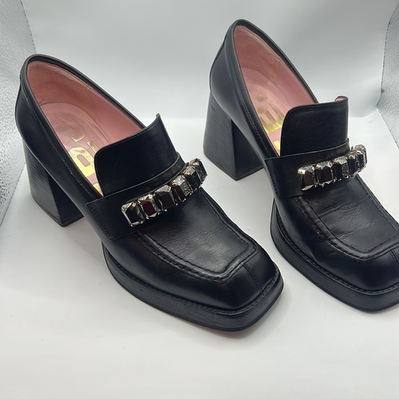 RAS black chunky heel leather loafer square toe/heel w/jewel detail SZ 39 US 9 - Picture 2 of 13